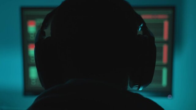 Close up on person silhouette wearing headphone and listens to audio recording. Dark studio or control room. Mysterious figure spy hacker or secret agent in wiretap operation or music podcast producer