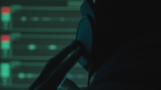 Close up on headphones man listening to audio conversation or music on computer. Person in dark room wearing headphones secretly recording sound. Criminal activity or music producer in studio room