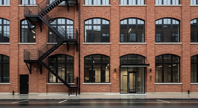 An old red brick factory building features a prominent external fire escape.