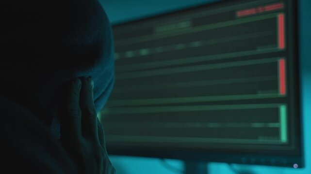 Man with black hoodie listening to audio recording of illegal criminal activity. Hacker capturing sound with application on computer screen. Remote conversation is recorded in dark room by spy agent