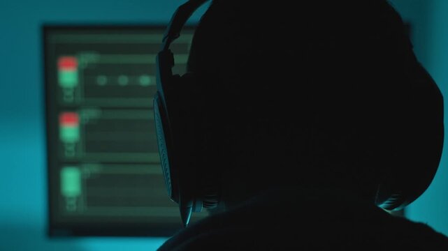 Man wearing headphone in dark control room or studio listening to conversation. Podcast producer or secret spy agent wiretapping to criminal activity in remote location. Suspicious recording on screen