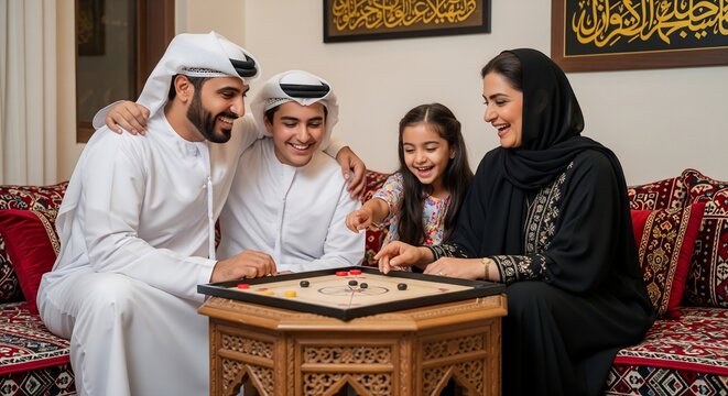 Happy Middle Eastern family enjoying quality time at home, playing a traditional carrom board game with cheerful smiles and cultural attire