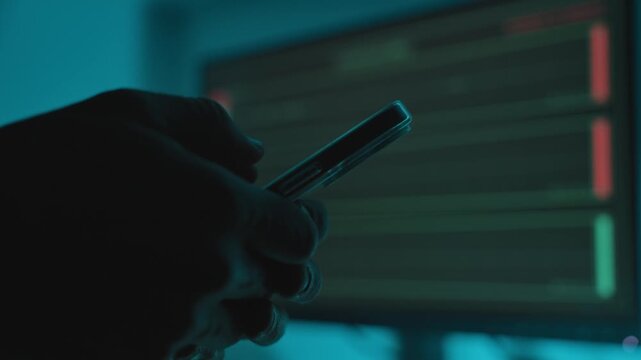 Hand typing on mobile phone in dark studio or control room with audio equipment. Podcast music producer or spy secret agent hacker using smartphone. Mysterious typing message or chat while recording