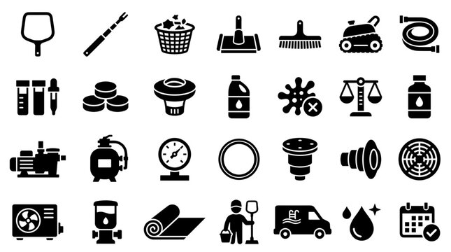 Collection of pool maintenance and cleaning equipment icons representing water care services and tools for swimming pool upkeep and hygiene