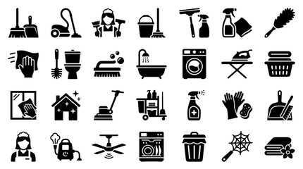 Collection of cleaning service icons representing household chores and professional hygiene tools for home and business maintenance © Iconique Studio