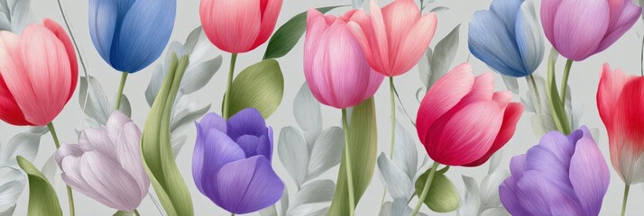 Obraz premium A vibrant array of tulips in various colors, creating a cheerful floral display.