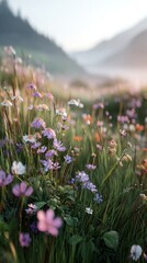 Obraz premium Vibrant wildflowers bloom in a lush field, creating a serene morning scene.