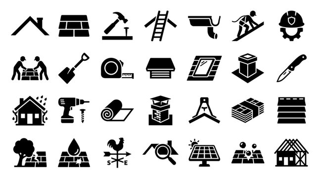 Collection of roofing and construction icons representing building maintenance repair and home improvement services with tools and elements