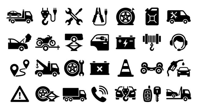 Collection of automotive service and repair icons representing vehicle maintenance towing battery jump start and roadside assistance concepts