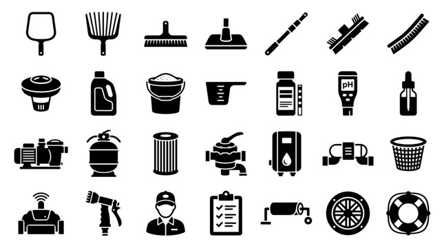 Collection of pool maintenance and cleaning equipment icons and symbols for water hygiene and care services