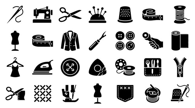 Sewing and tailoring icons set representing tools and equipment for dressmaking and crafting with fabric and thread