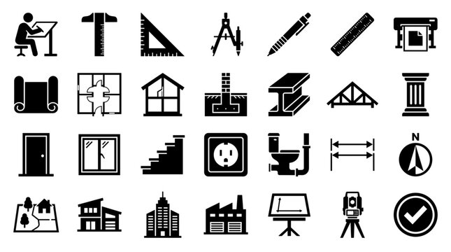 Collection of black and white icons representing architecture construction engineering design and planning elements for professional use