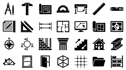 Fototapeta premium Collection of architectural and construction icons representing blueprints tools measuring devices and building elements for design and engineering projects