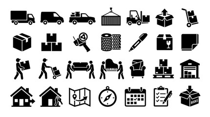 Collection of moving and logistics icons representing transportation delivery boxes storage and relocation services with houses and calendar for planning © Iconique Studio