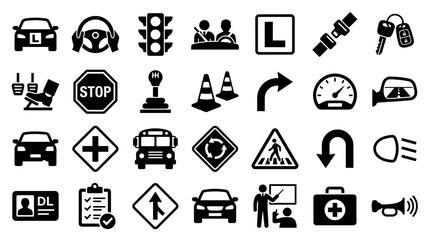 Collection of driving school and traffic symbols icons representing driving lessons car safety and road rules for education and information © Iconique Studio