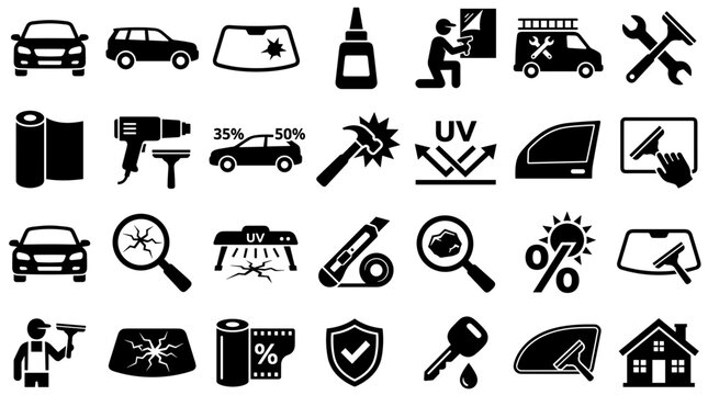 Car window tinting service icons set representing car protection, UV rays, heat rejection, privacy, and professional installation tools