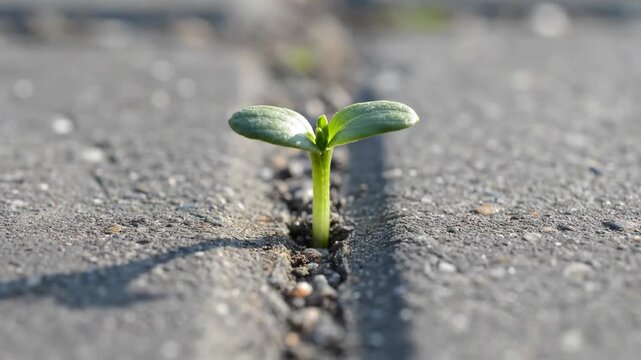 Tiny plant growing out of cracked pavement shows nature resilience.