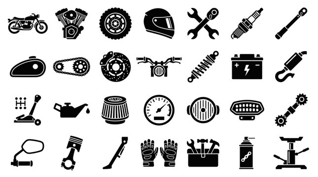 Collection of black and white motorcycle parts and tools icons representing mechanics and repair services for vehicles