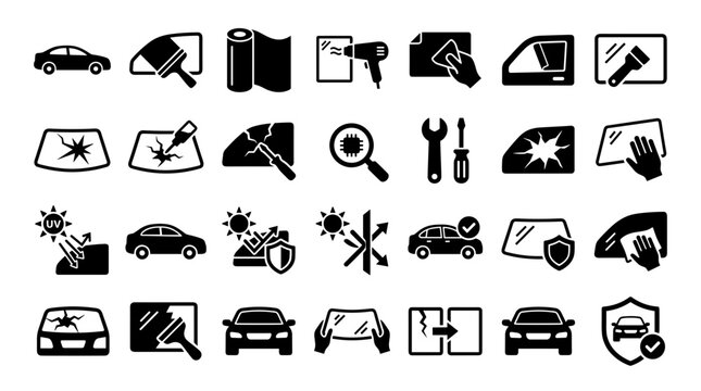 Collection of car window repair and protection icons illustrating services like tinting, crack repair, and sun protection for automotive glass