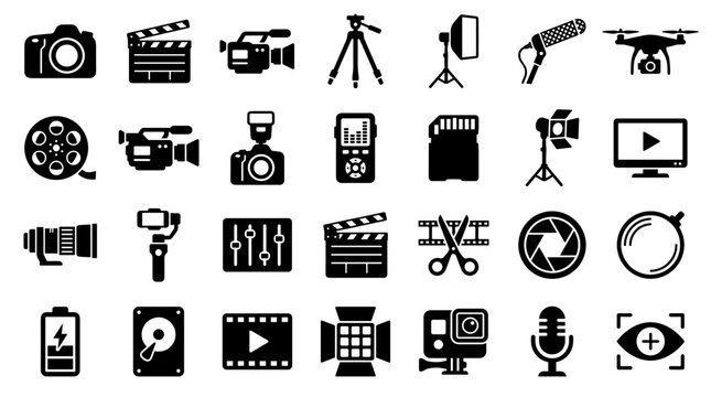 Collection of professional video production and filmmaking equipment icons for digital media creation and content development