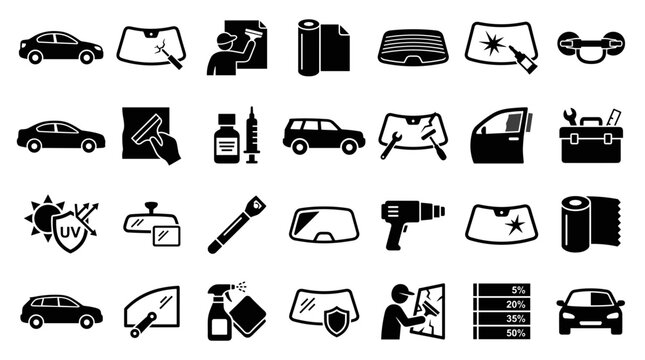 Car window tinting service icons set for auto repair and customization services including installation tools and UV protection symbols