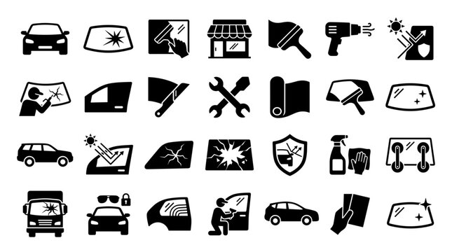 Automotive glass repair and replacement service icons collection for car windshield maintenance and auto body shop services