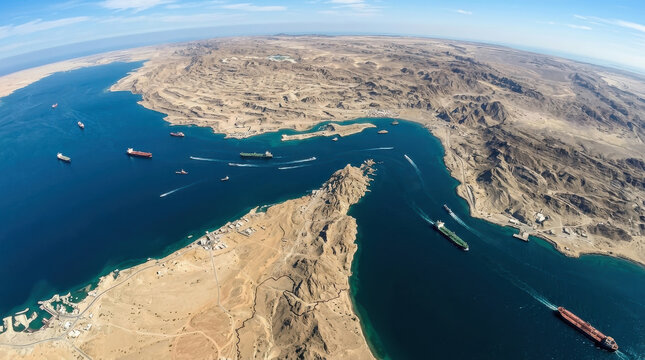 High angle satellite view of the Strait of Hormuz showing the strategic maritime chokepoint between Iran and Oman for global trade and logistics