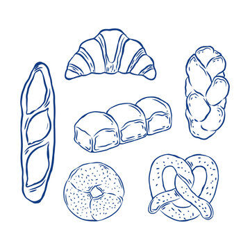 Hand Drawn Bread Set Outline Illustration &ndash; Baguette, Croissant, Milk Bread, Challah, Bagel, Pretzel