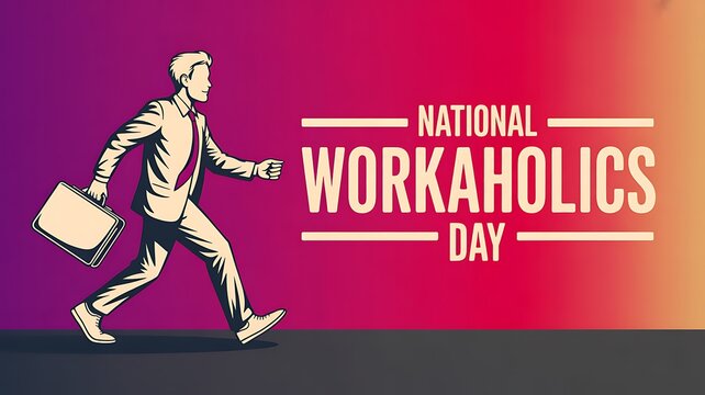Man in suit rushing with briefcase, national workaholics day graphic