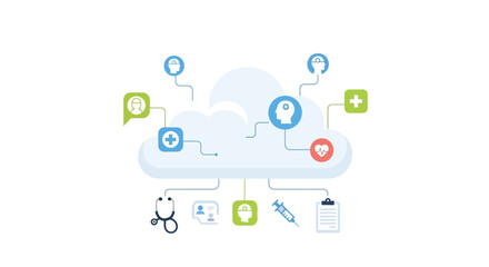 Obraz premium Cloud Healthcare Network: Digital Medical System with Patient Data, Telemedicine & Integrated Health Services Icons