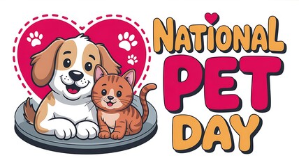 Fototapeta premium Cute cartoon dog and cat sitting together, national pet day graphic, paw print