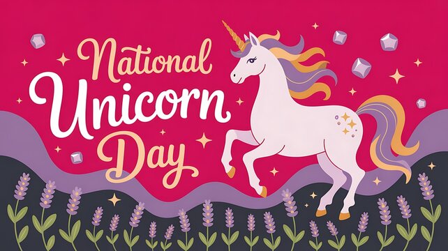 Majestic white unicorn on pink background with flowers, national unicorn day illustration, mythical creature