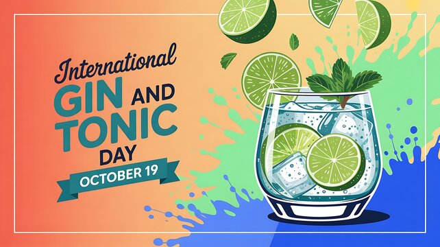 International gin and tonic day with ice, lime, mint and splashes, alcoholic beverage