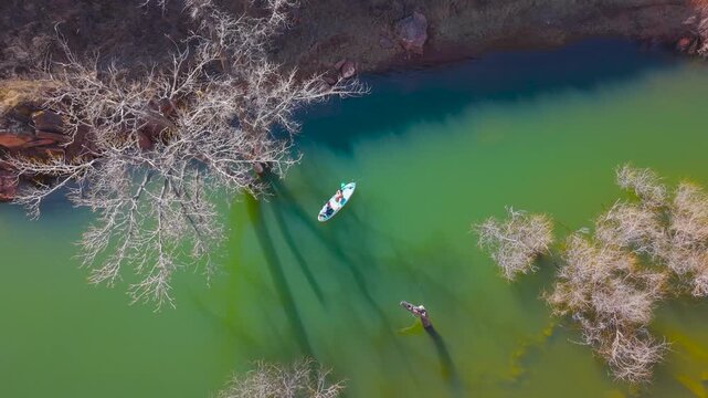 Aerial drone orbiting shot tracking paddleboarder through narrow flooded canyon with submerged bare trees, green water, and red rock shoreline, Colorado