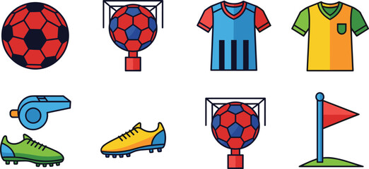 Football Soccer Equipment Vector Icon Set Featuring Ball, Goal, Jerseys, Cleats, Whistle and Corner Flag in Flat Cartoon Illustration Style © ABDUL HAKIM