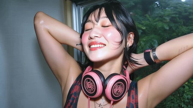 ヘッドホンをつけた女性DJのパフォーマンス
ダンスミュージックをプレイする女性DJ