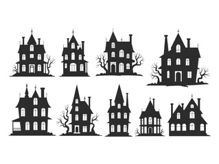 Obraz premium Spooky haunted house silhouette collection with gothic mansions, creepy dead trees, and dark Victorian horror buildings