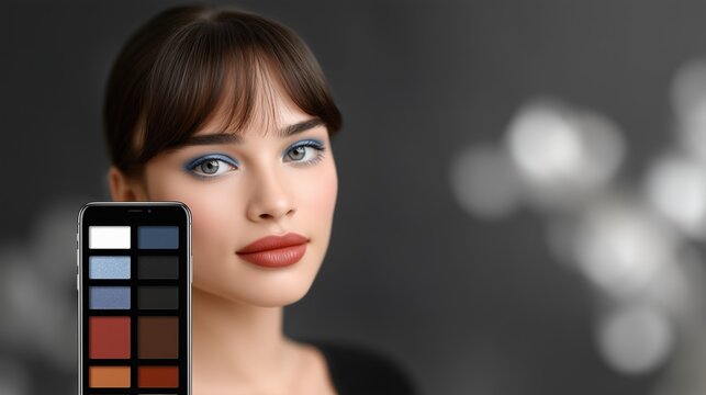 Woman portrait with eyeshadow palette phone