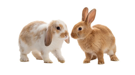 Two adorable young rabbits, one lop-eared and one with upright ears, standing side-by-side on a transparent background. © loret