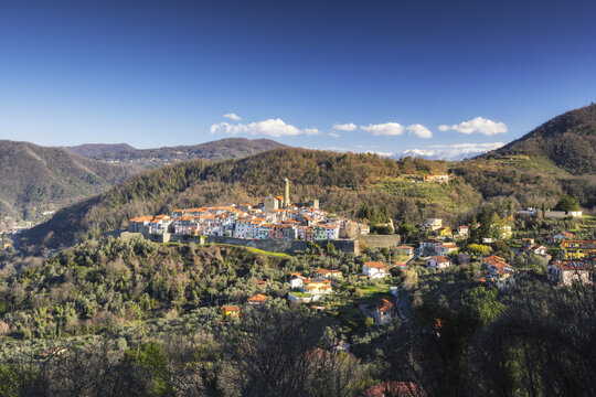 View of a vibrant village nestled amidst rolling hills, with a striking contrast between the rustic architecture and the lush greenery, Caprigliola, Tuscany, Italy.