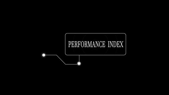 Performance index text in a futuristic white callout box on black background, digital hud frame for data benchmarking technology and technical video editing overlays
