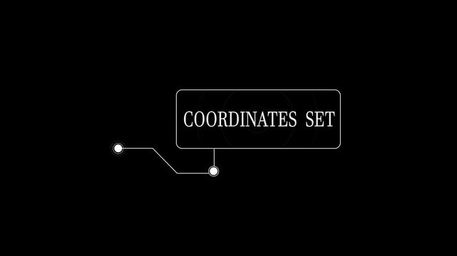 Coordinates set text in a futuristic white callout box on black background, digital hud frame for navigation location technology and technical video editing overlays
