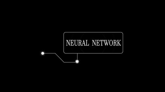 Neural network text in a futuristic white callout box on black background, digital hud frame for deep learning technology and technical video editing overlays