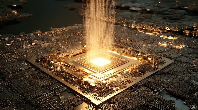 Slow zoom on golden computer chip with light particles no people