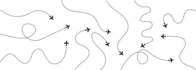 Fototapeta premium Airplane line path icon of air plane flight route dash line trace with start point. Airplane dashed route path. Vector illustration.