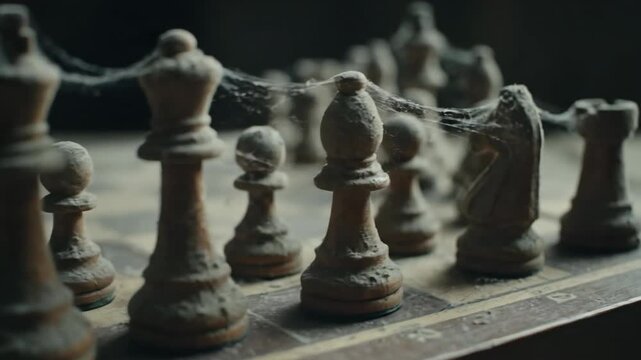 Dusty chess pieces and board with spiderwebs in dim light