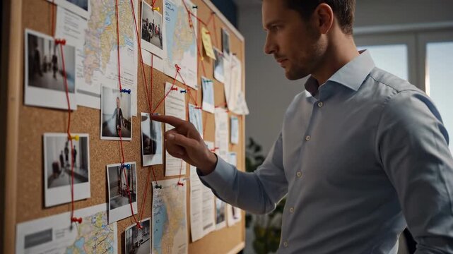 A detective in a police station office examines a crime board covered in clues and evidence during a investigation into a mysterious crime.