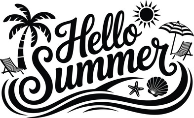 Obraz premium Hello summer beach vector illustration with palm tree sun waves seashell and deck chair silhouette for seasonal vacation travel design