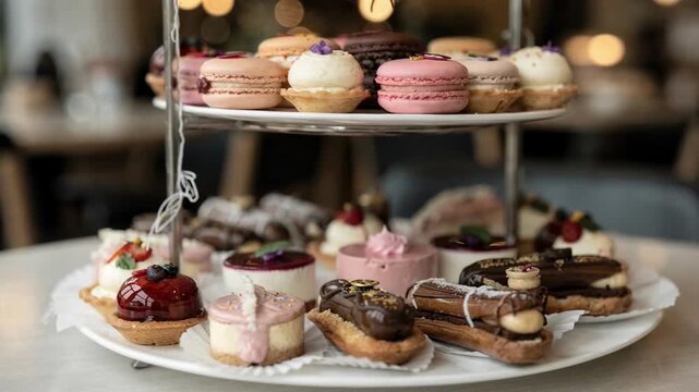 Closeup of tiered platters elegantly arranged with assorted patisserie desserts main object in sharp focus with soft blurred background enhancing the display ambiance.