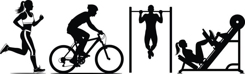 Obraz premium Fitness activity silhouette set, running cycling pull up and weight training poses, healthy lifestyle concept, gym workout collection, black isolated vector illustration, sport and exercise theme
